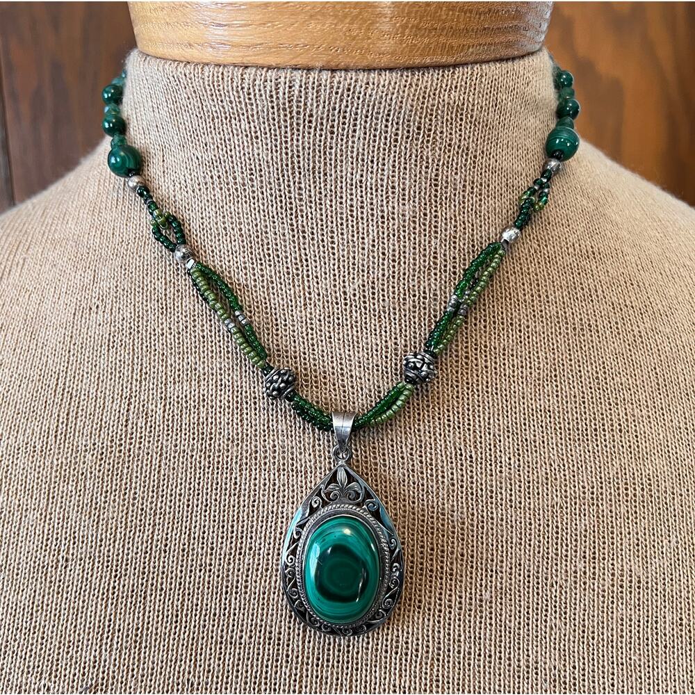 Vintage Sterling silver & Malachite beaded necklace artisan made gemstone green